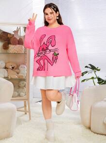 SHEIN EZwear Damen Pullover Mit Cartoon Häschen Muster In Plus Größe - Pink - Übersicht 2