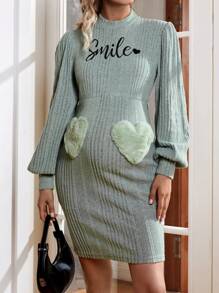 SHEIN Maternity Letter & Heart Embroidered Ribbed Nursing Dress, For Winter - Green - View 4
