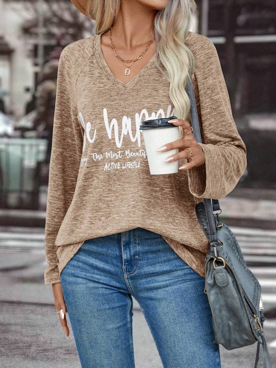 SHEIN LUNE Women's Slogan Print Raglan Sleeve T-shirt - Brown - View 1