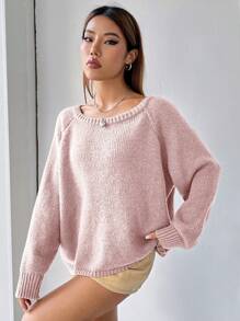SHEIN EZwear Áo len tay raglan màu trơn họa tiết hoa anh đào mùa đông rộng rãi và thoải mái dành cho nữ - Hồng - Xem 5