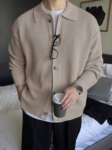 DAZY Men's Lapel Button-Front Collared Cardigan Jacket Fall,Winter - Khaki - View 1