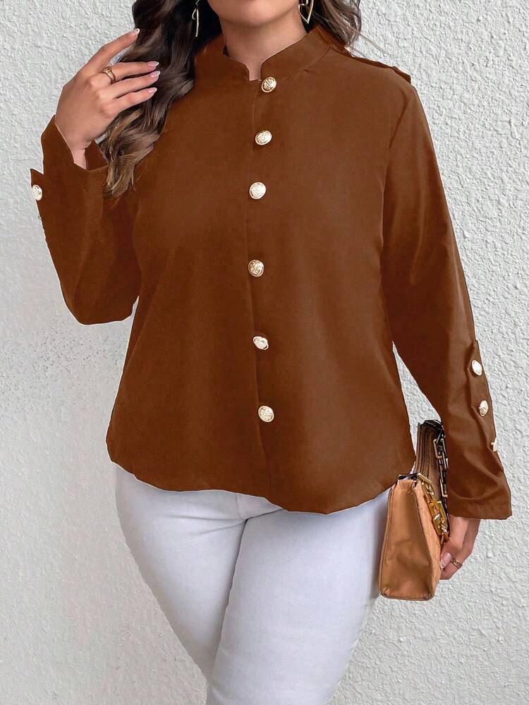 Plus Size Buttoned Solid Color Jacket