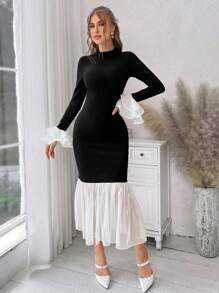 Firerie Wedding Dress Guest Colorblocked Fish Print Asymmetric Hem Dress With Ruffle Detail - Black and White - View 6