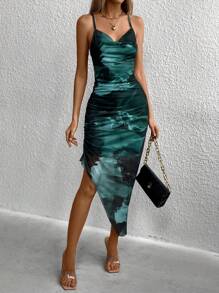 Chiquease Women's Tie-Dye Pleated Cami Dress Maxi Women Outfit - Dark Green - View 4