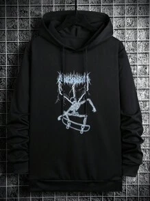 Men's Letter & Skull Printed Hoodie - Black - View 1