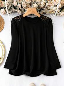 SHEIN LUNE Plus Size Women'S Lace Patchwork Raglan Sleeve Sweatshirt - Black - View 1