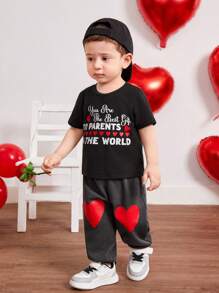 SHEIN Em bé Con trai Lá thư In Ngắn tay Vòng cổ Áo Và Quần có chân Bộ - màu đen - Xem 7