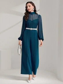 Modelyn Women's Mesh Contrast Half High Neck Lantern Sleeve Wide Leg Jumpsuit (Belt Not Included)