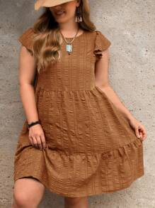 EMERY ROSE 女士加大码棕色圆领盖袖连衣裙 - 摩卡棕 - 查看 1