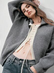 Anewsta Ladies' 2 in 1 Design Tie And Zipper Detail Cardigan - Grey - View 1