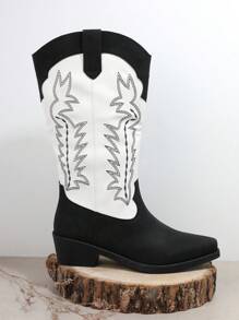 SHUZIA Women's Fashion Color Block Embroidery Boots, Cowboy Boots For Women - Black - View 4