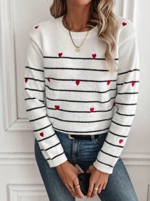SHEIN LUNE Women's Heart Embroidery Striped Pullover Sweater - White - View 1