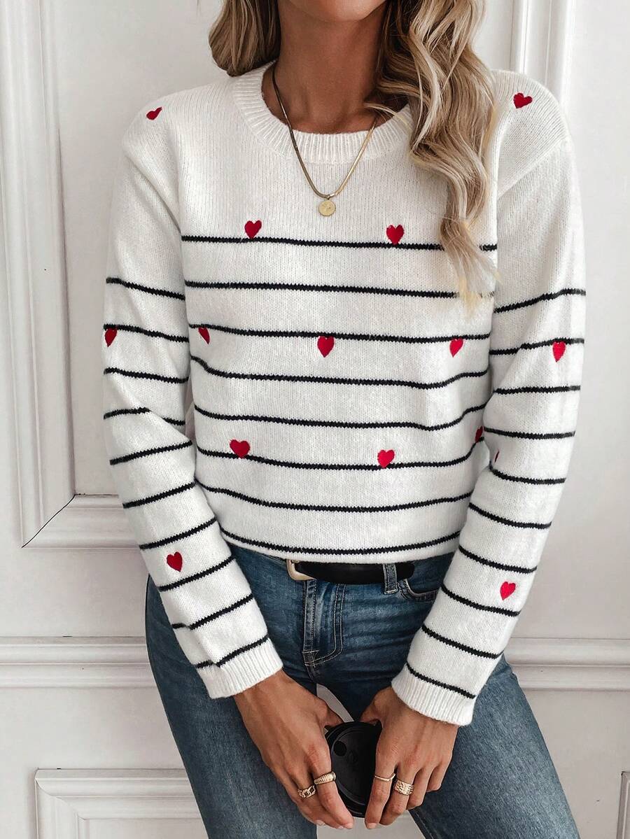 SHEIN LUNE Women's Heart Embroidery Striped Pullover Sweater - White - View 1