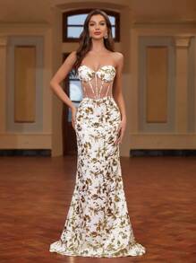 SHEIN Belle Golden Printed, See Through, Mermaid Evening Dress For Women, Featuring Fishbone And Strapless Design - Multicolor - View 3