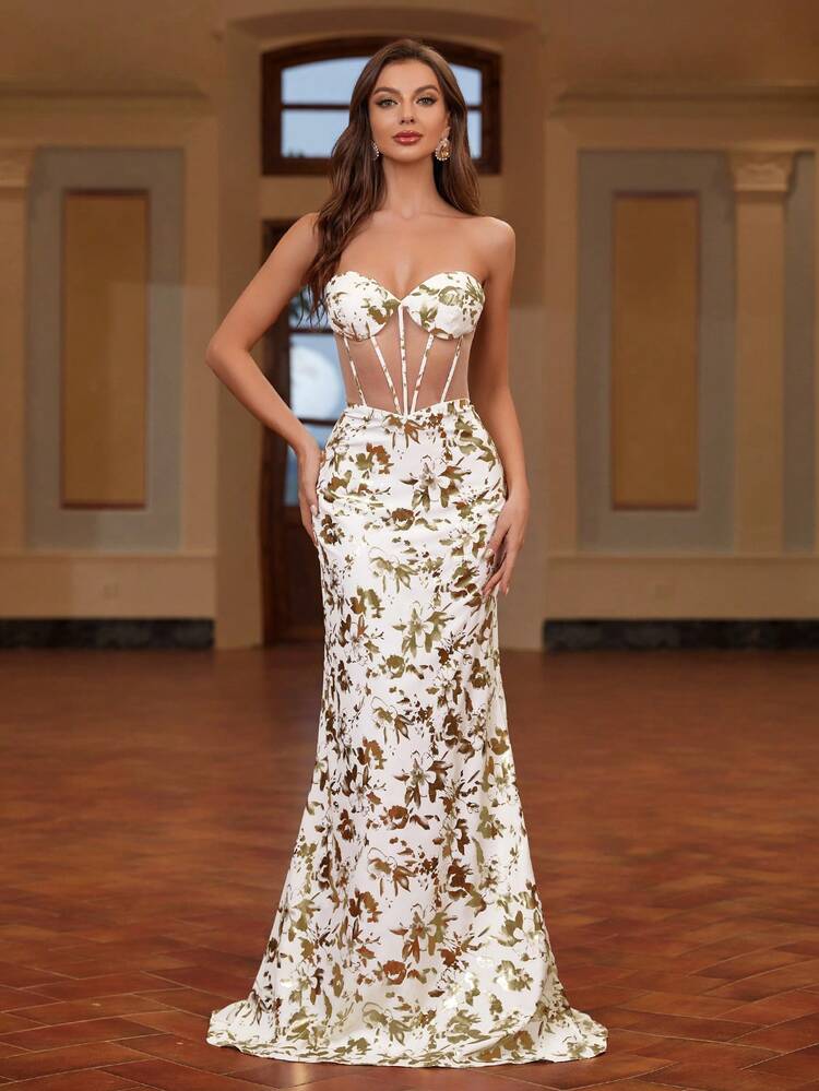 Golden Printed, Perspective, Mermaid Evening Dress For Women, Featuring Fishbone And Strapless Design