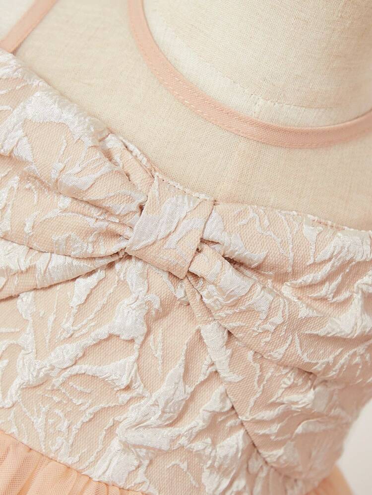 Baby Girl'S Elegant Jacquard Mesh Splicing Bowknot Decor Tank Dress
