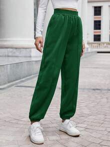 SHEIN Frenchy 女士彈性腰帶及口袋束口保暖運動長褲 - 墨綠色 - 查看 3