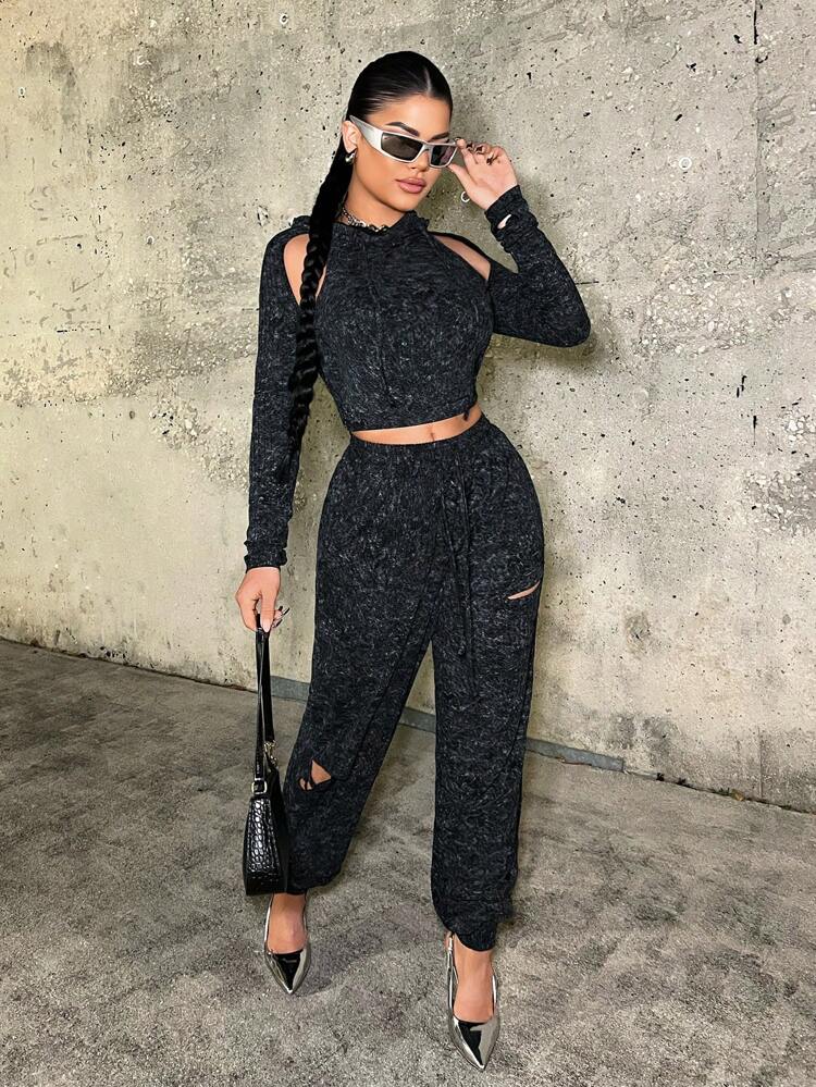 Ladies' Two-Tone Knitted Drawstring Joggers With Distressed Details Birthday Spring Women Prom Valentine Day Date Night Bachelorette Party Sexy Club