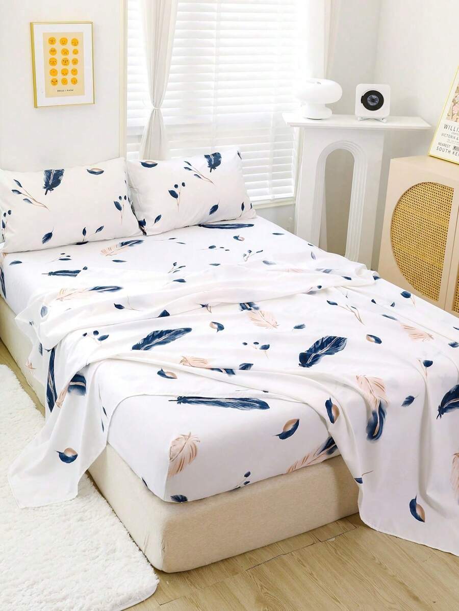 4pcs/set Feather Pattern Duvet Cover Set Without Filler, Modern Fabric & Polyester Duvet Cover Set (1pc Comforter Cover, 2pcs Pillowcase , 1pc Fitted Sheet) For Home - Multicolor - View 1