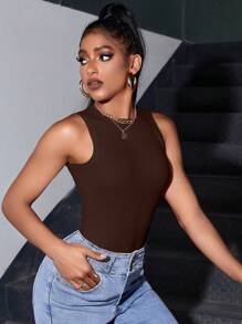 SHEIN Unity Ladies Solid Color Ribbed Tank Top - Coffee Brown - View 5
