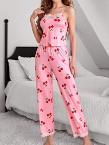 Women's Cherry Print Lace Splicing Pajama Set - Multicolor - View 6