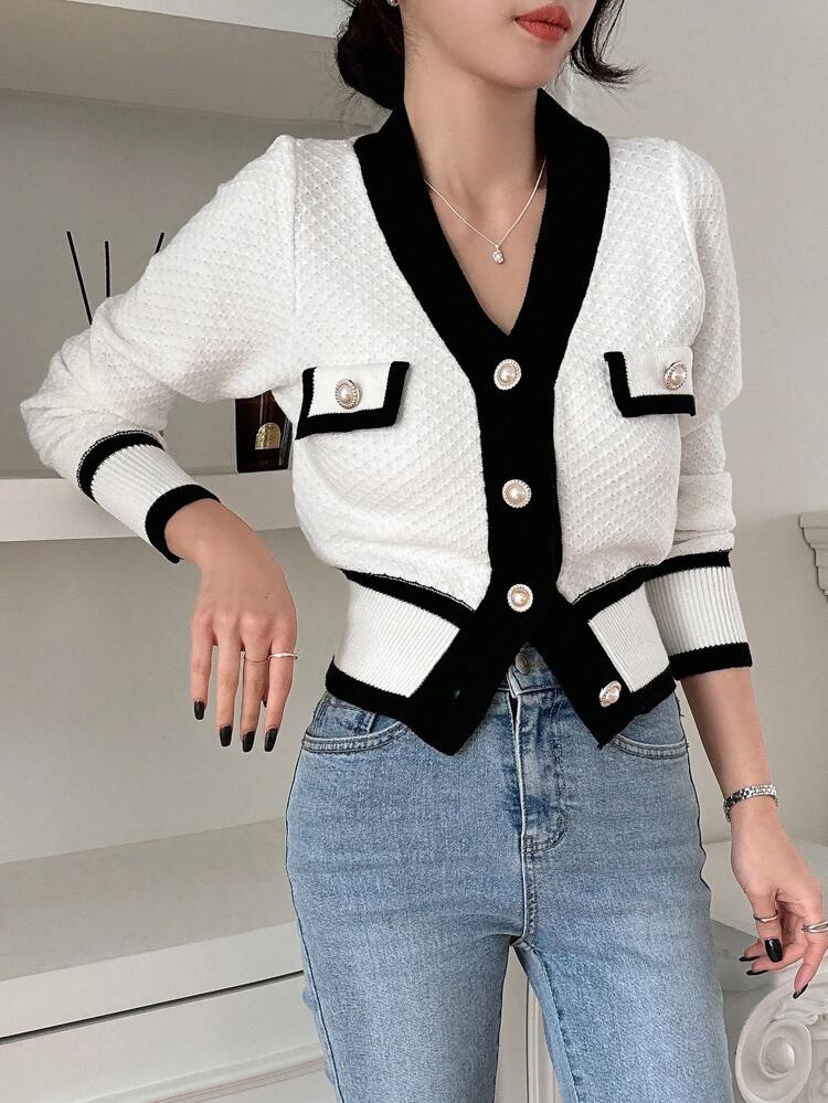 Women's Colorblock Long Sleeve Button Design Casual Business Cardigan, Autumn,Long Sleeve Tops