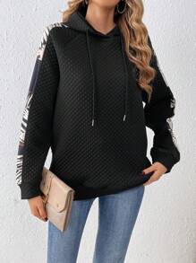 SHEIN Frenchy Women'S Hooded Sweatshirt With Leaf Print And Raglan Sleeve Winter