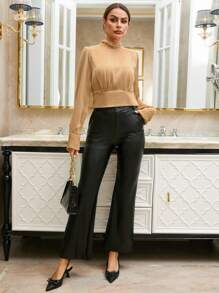 SHEIN Privé Women's Half-high Collar Plain Color Pleated Long-sleeved Shirt - Khaki - View 5