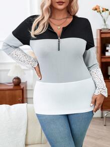 Calvaya Plus Size Lace Splice Color Block Long Sleeve T-shirt - Multicolor - View 1