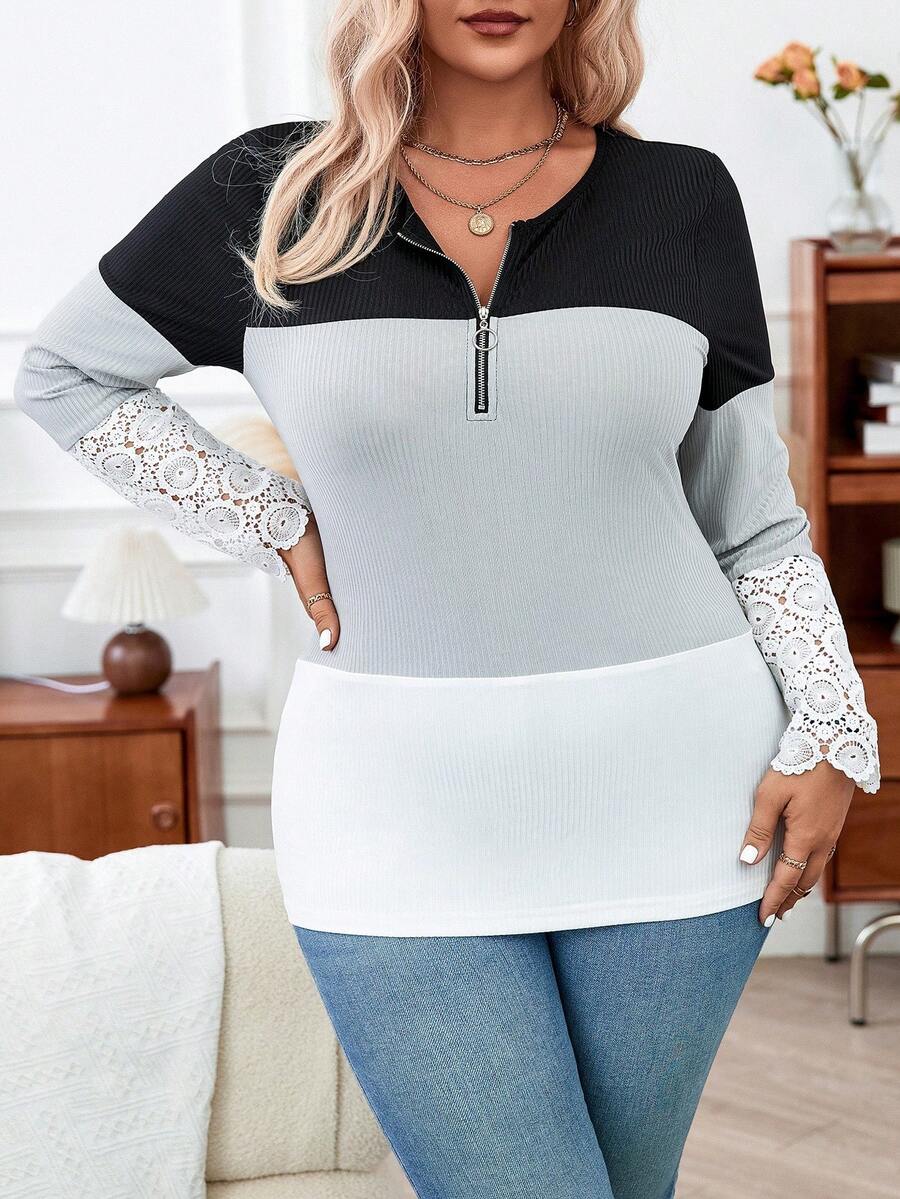 Calvaya Plus Size Lace Splice Color Block Long Sleeve T-shirt - Multicolor - View 1
