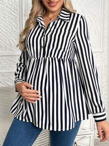 SHEIN Maternity Striped Shirt - Navy Blue - View 4