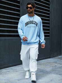 Manfinity Homme Loose Fit Men's Plus Size Letter Printed Sweatshirt - Navy Blue - View 3