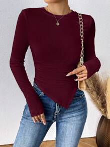 SHEIN Essnce Women's Solid Color Asymmetric Hem T-shirt - Rose Red - View 1