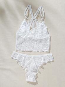 SHEIN Conjunto De Sostén Y Panty De Encaje De Color Sólido Para Mujeres - Blanco - Ver 2