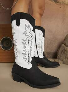 SHUZIA Women's Fashion Color Block Embroidery Boots, Cowboy Boots For Women - Black - View 6