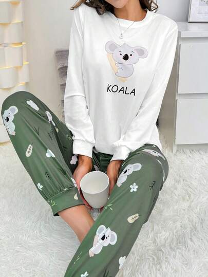 Koala Letter Graphic Wit Top Pants PJ Set Pajama Set, Fall Clothes Cozy Elegante view 3