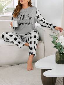 大尺碼女卡通臉印花格紋睡衣套裝 - 灰色 - 查看 1
