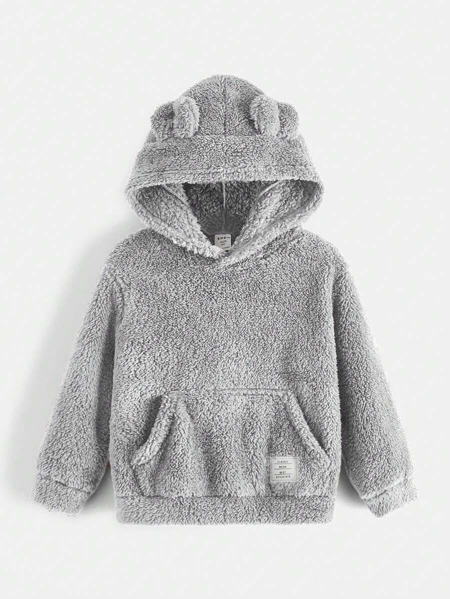 SHEIN Con trai Giải trí Một miếng Tai Sang trọng Áo nỉ có mũ - Xám - Xem 1