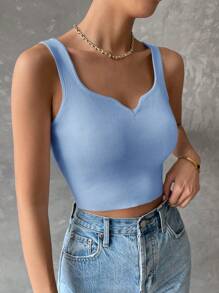 SHEIN Clasi Top De Punto Con Cuello De Corazón Y Cuello Sólido - Azul - Ver 3