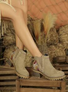 Styleloop 女士時尚復古刺繡和編織絲絨圓頭粗跟踝靴 - 卡其色 - 查看 1
