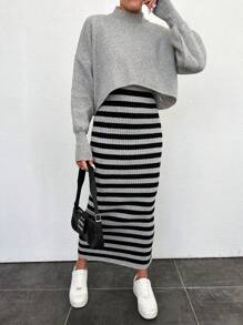 EURMUSE Women's Grey Striped Slim Fit Knitwear Two-piece Set - Light Grey - View 6