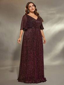 V-Neck Flare Sleeve Chest Pleated Shimmery Sequin A-Line Maxi Dress - Red Violet - View 4