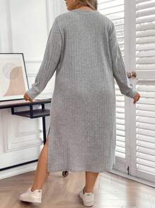 SHEIN LUNE Plus Size Women's Slim Ribbed V-neck Dress - Grey - View 2