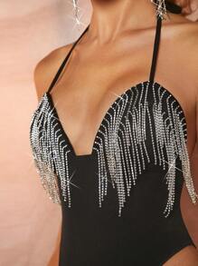 SHEIN BAE 女款水鑽裝飾流蘇設計掛脖連身衣