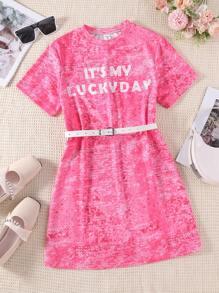 SHEIN 1pc Tween Girls' Digital Printed Sequined Dress With Belt For Spring & Summer - Hot Pink - View 1
