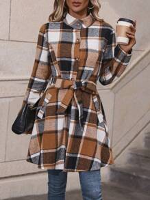 SHEIN LUNE Checked Woolen Coat With Buttons - Multicolor - View 3