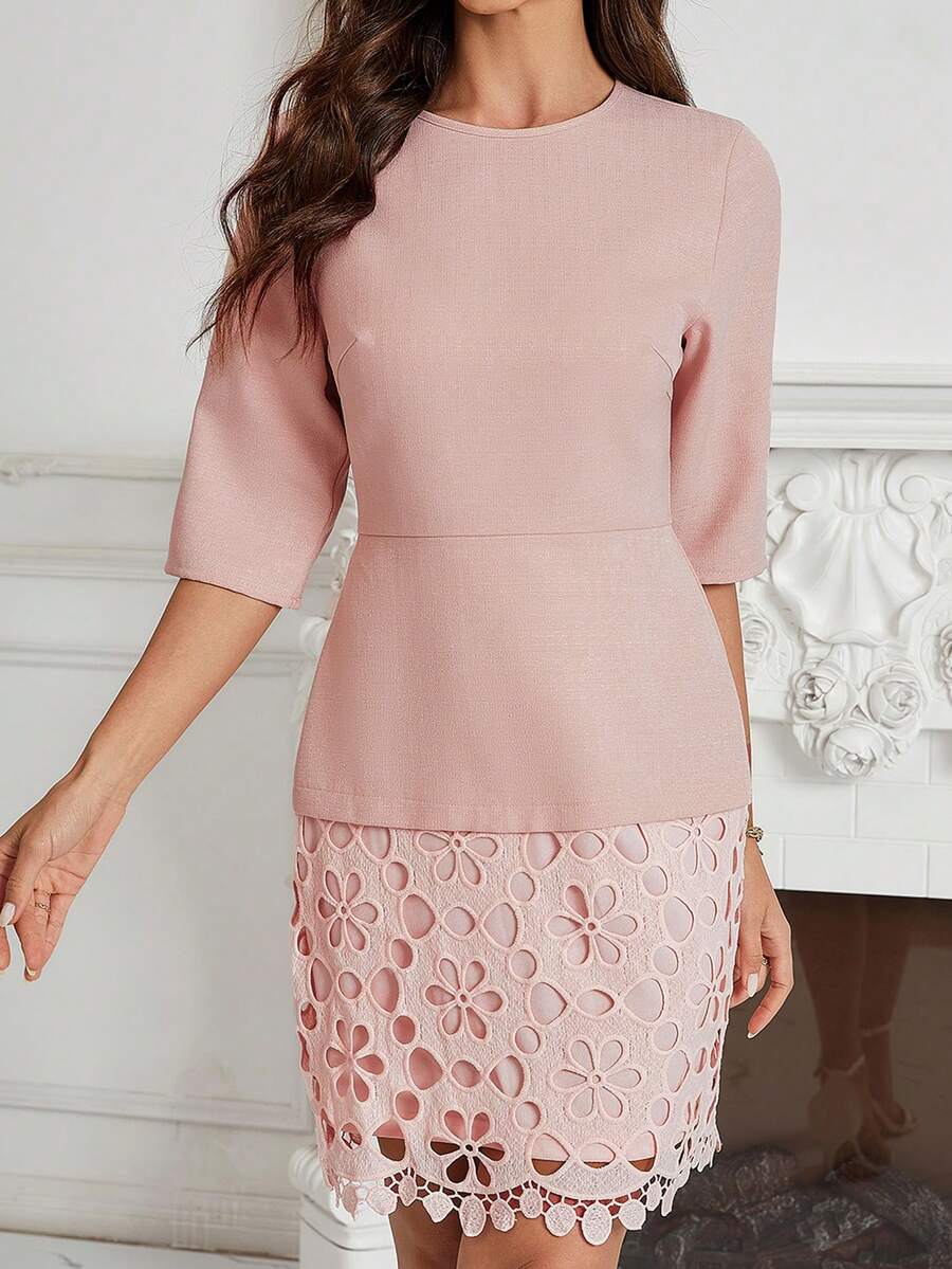 Round Neck Long Sleeve Lace Splice Solid Color Dress With Gathered Waist - Pink - View 1