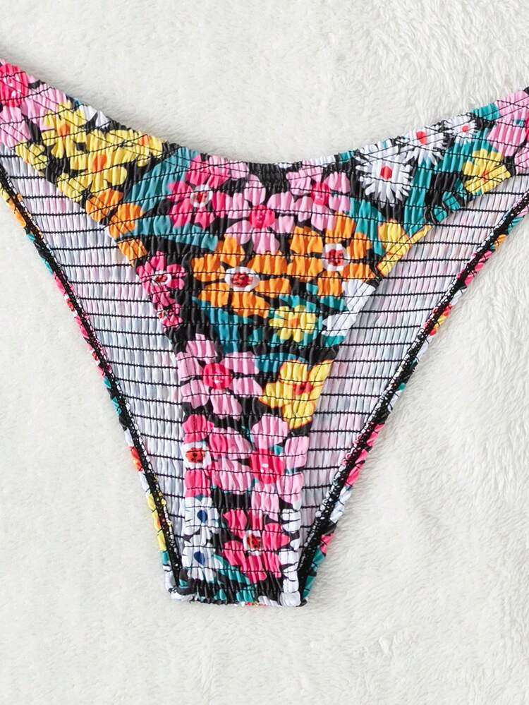 Summer Random Floral Print Ring Decor Bandeau Bikini Set