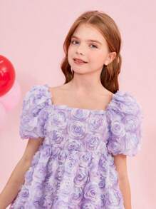 SHEIN 青少女用編織3D花卉方領蓬蓬袖洋裝 - 淡紫色 - 查看 3