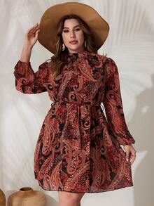 SHEIN VCAY 大尺碼女用佩斯利印花立領連身裙 - 彩色 - 查看 4